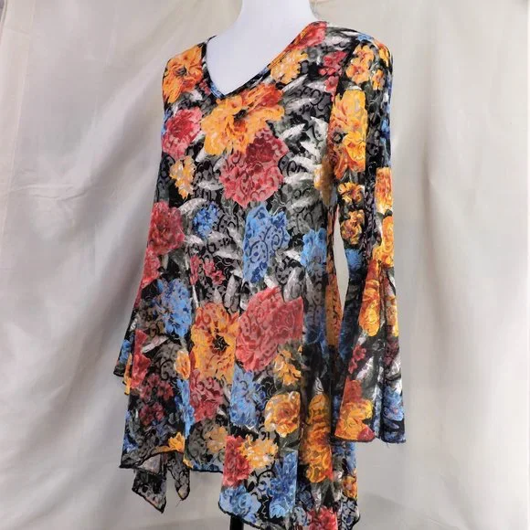 NWOT Dor Dor Couture Bursting Colors Huge Bell Cuffs w Flaring Skirt Tunic Top S - Picture 5 of 16